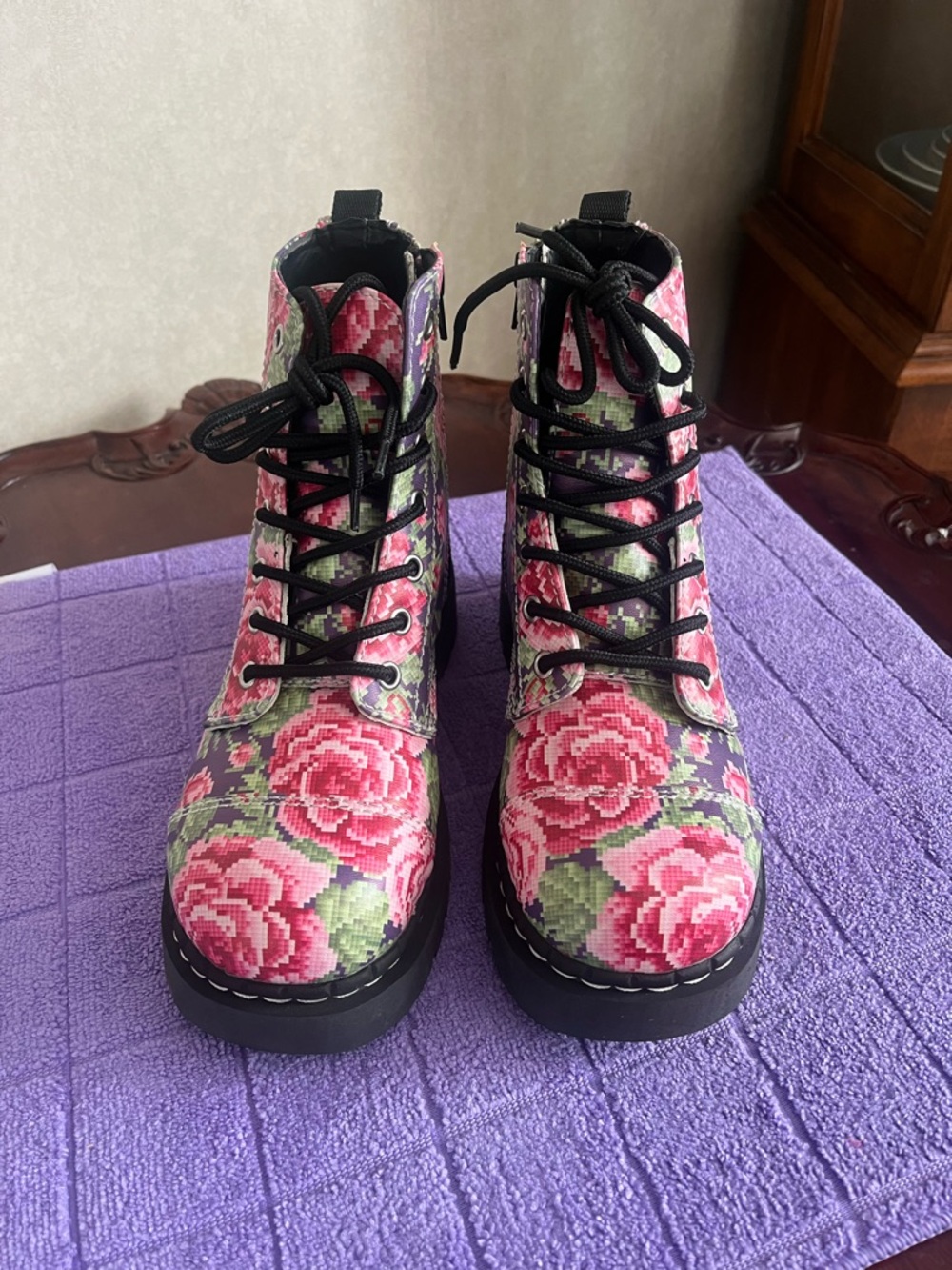 T.U.K. Anarchic Floral Pixel Rose Lace-Up Combat Boots - Pink/Green Size 7